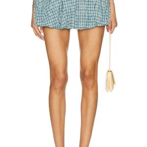 Superdown Blue Teal Plaid Smocked Circle Mini Bubble Skirt Small NWT Revolve